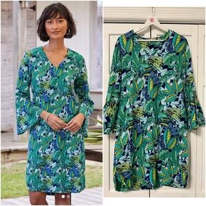 Soft Surroundings Linen Blend Bell Sleeve Floral Beach Resortwear Dress Medium